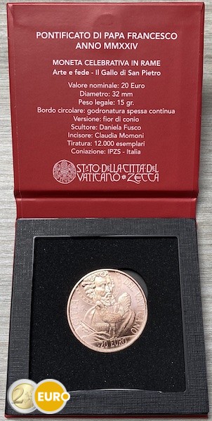 20 euro Vatican 2024 - Saint Peter and the Rooster BU FDC copper