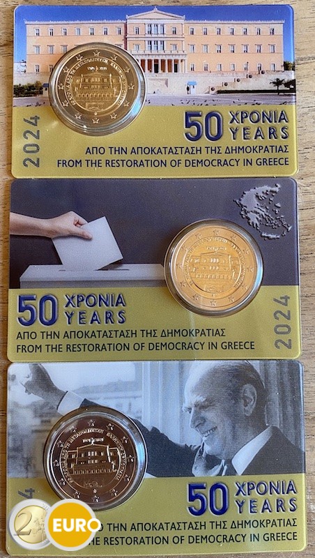 3 x 2 euro Griekenland 2024 - Democratie BU FDC Coincard