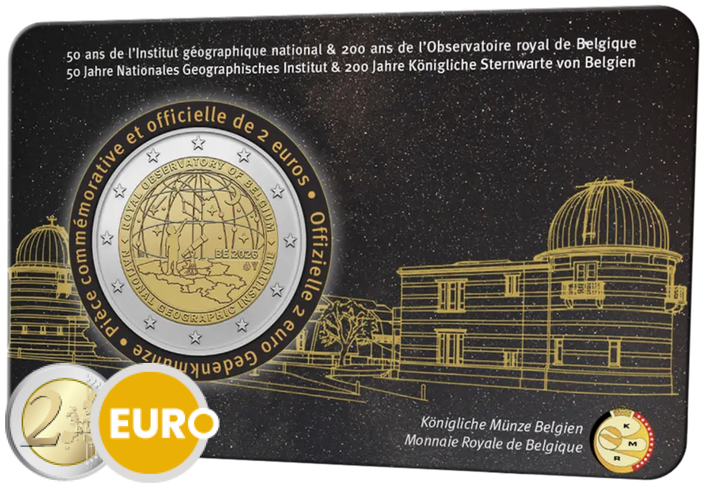 2 euros Bélgica 2026 - Instituto Geográfico Nacional y Observatorio Real BU FDC Coincard FR