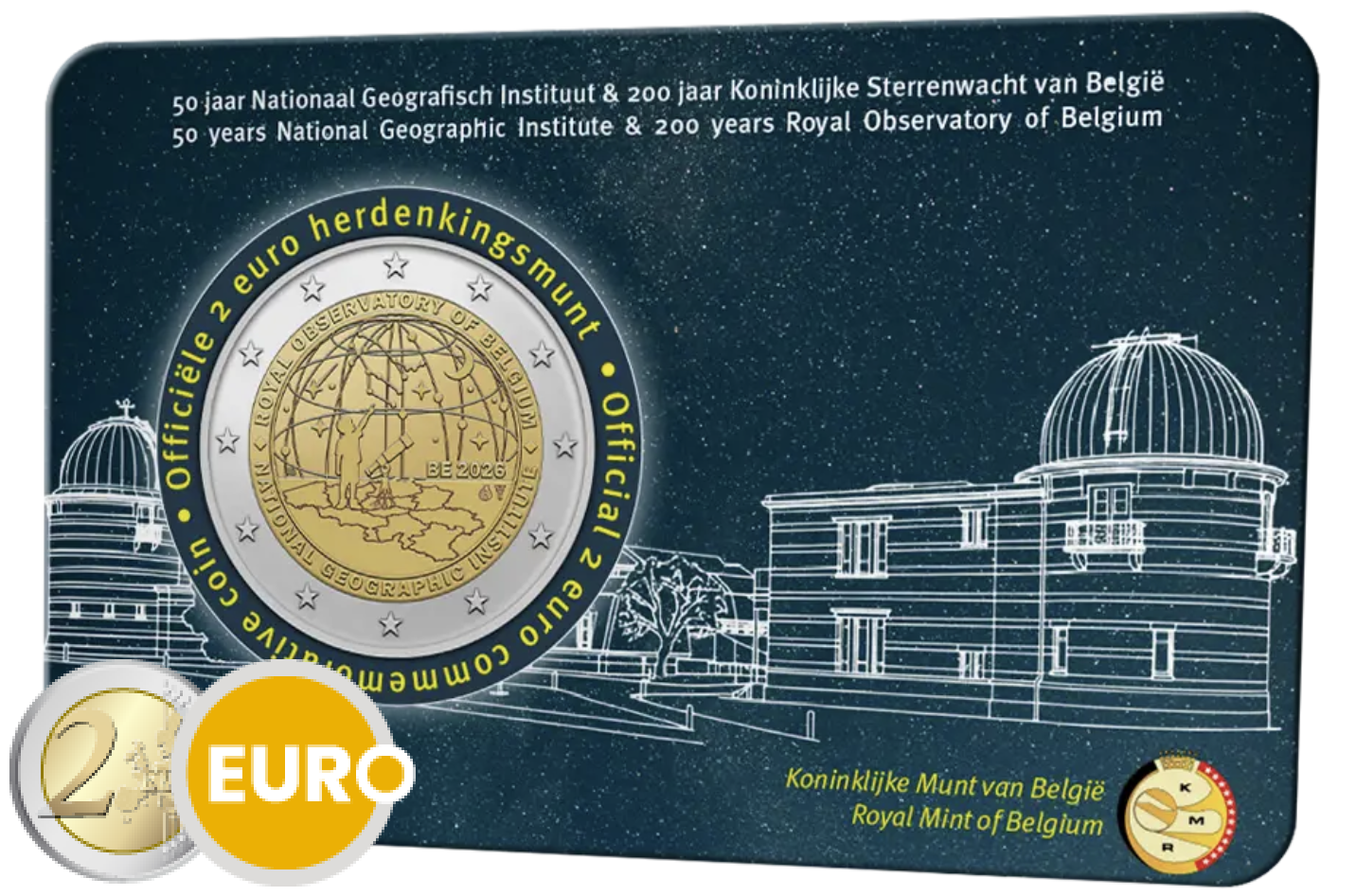 2 euros Bélgica 2026 - Instituto Geográfico Nacional y Observatorio Real BU FDC Coincard NL